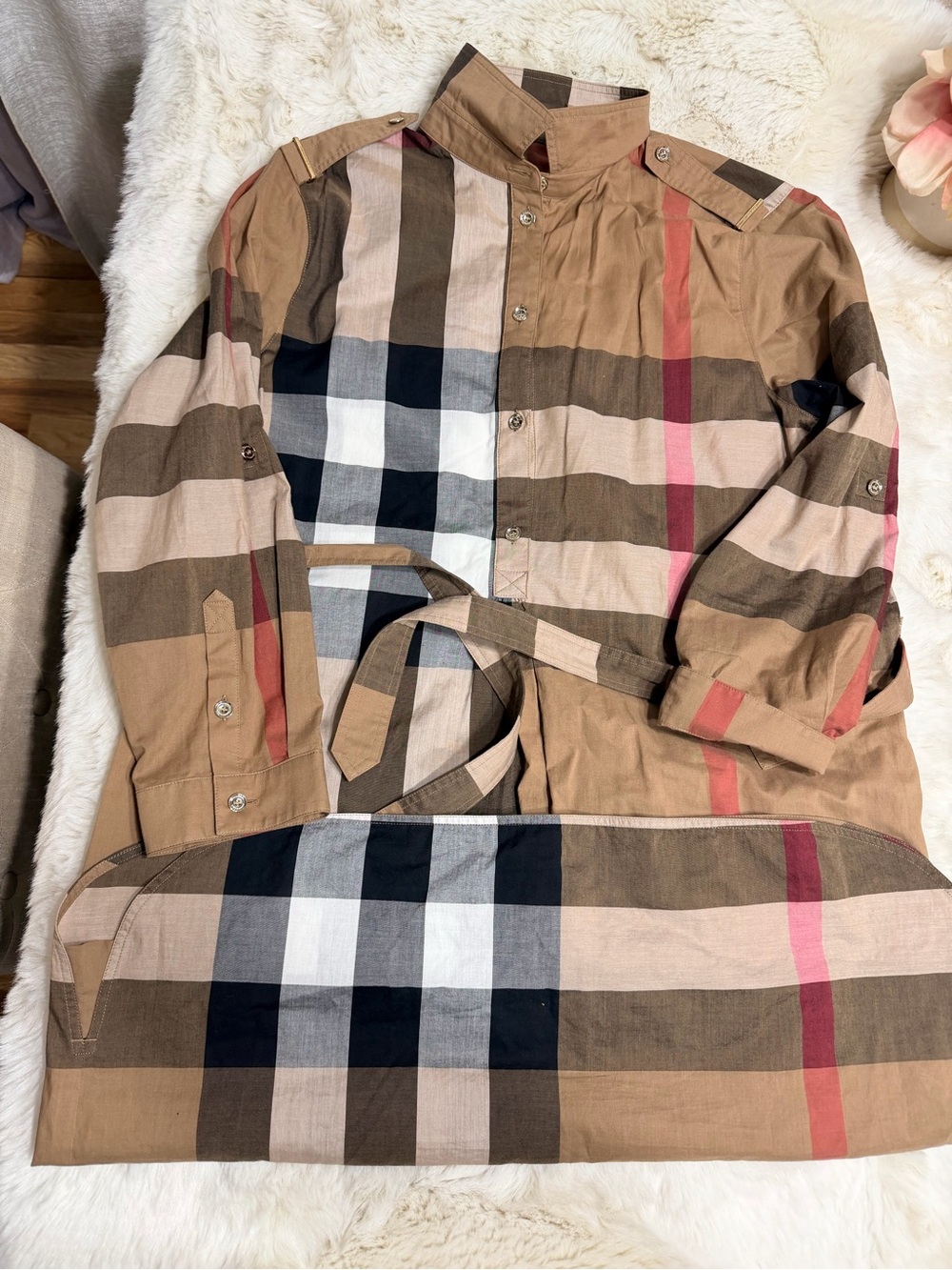 Burberry tan brown and red plaid button-up shirt